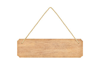 empty wooden sign with lope for hang on white background