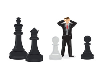 Cartoon businessman losing in giant chess game. Creative vector illustration on business strategy Vector cartoon illustration.