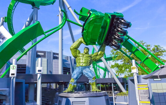 Orlando, Florida, USA - May 10, 2018: Incredible hulk coaster in Adventure Island of Universal Studios Orlando. Universal Studios Orlando is a theme park