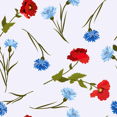 Seamless pattern with field cornflowers and poppies on a light background.