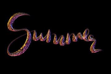Summer lettering made by colorful rainbow circles confetti lettering over black background