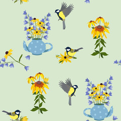 Wildflowers in a teapot and birds on a light seamless background.