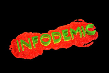 Infodemia lettering concept about pandemia and false information with coronavirus covid-19. 3d illustration isolated on black background