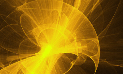 Neon glowing yellow twisted cosmic lines flying in the space. Turbulence curls flow colorful motion. Fluid and smooth astronomy vortex swirl structure. Abstract creative modern background