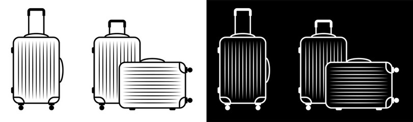 Icon set. Travel bag. Suitcase for luggage on wheels. Transportation of things in transport while on vacation. Black and white vector