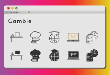 gamble icon set. included cloud library, desktop, student-laptop, test, school icons on white background. linear, filled styles.