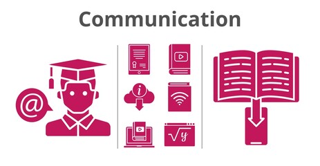 communication set. included tablet, audiobook, ebook, student, learn, maths, information icons. filled styles.