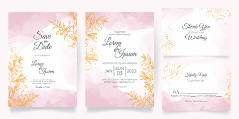 Fototapeta na wymiar Watercolor creamy wedding invitation card template set with golden floral decoration