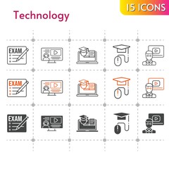 technology icon set. included exam, teacher, instructor, elearning, training icons on white background. linear, bicolor, filled styles.