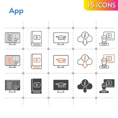 app icon set. included ebook, teacher, information, student-desktop icons on white background. linear, bicolor, filled styles.