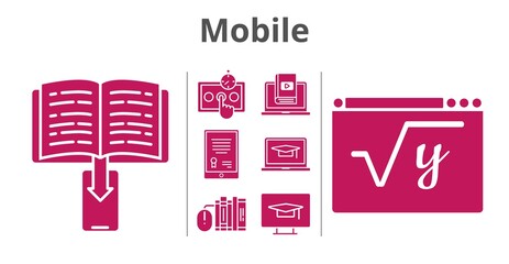 mobile set. included tablet, ebook, books, student-laptop, test, learn, maths, student-desktop icons. filled styles.