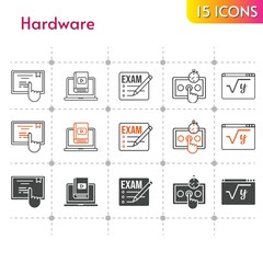 hardware icon set. included exam, test, learn, maths, touchscreen, test (1) icons on white background. linear, bicolor, filled styles.