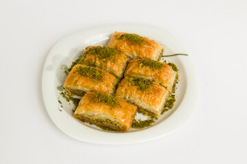 Close up taken of traditional Turkish pastry dessert,baklava,top view.
