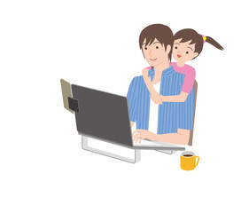 テレワーク、パソコンを操作する男性と子供