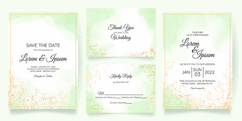 Fototapeta na wymiar Watercolor creamy wedding invitation card template set with golden floral decoration