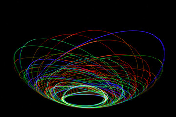 Wonderful and abstract circular and parabolic patterns drawed various light trails with LED ball lights on a dark back ground,Pendulum. 