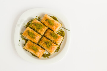 Close up taken of traditional Turkish pastry dessert,baklava,top view.