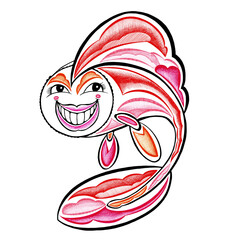 Golden fish fairy tale smiles hand drawn with color markers decorative style sketch isolated on a white background.