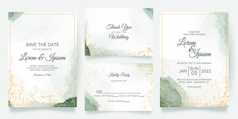 Watercolor creamy wedding invitation card template set with golden floral decoration