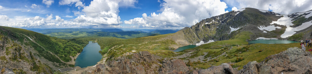 Panorama of three Lakes on Mount Krasnaya in summer, Altai mountains, Siberia