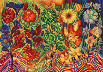 Five colorful flowers on multi-colored background. Bright multi-coloured decorative fantasy flowers of unusual colourful colors. Creative conceptual illustration. 