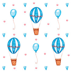 Pattern Watercolor illustration of a air balloon. Hand made character. Cartoon style illustration.  Love. Happy valentine's day. 