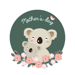 Happy Mother's Day greeting card with koala and baby cartoon.