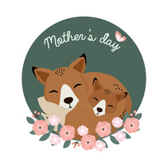 Happy Mother's Day greeting card with fox and baby cartoon.