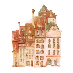 Vintage European old house, painted in cartoon style. Hand drawn stock illustration on white background