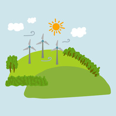 Illustration of windmills and a house on a hill. The image shows alternative energy sources. Nature, hills, grass and trees, renewable energy sources in a quiet corner far from the city. Vector