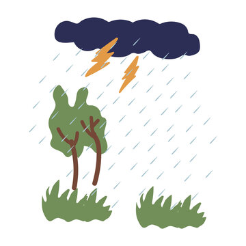 Illustration of a thunderstorm with rain. The image shows a weather phenomenon, with lightning and clouds. The illustration shows a weather phenomenon. Vector illustration