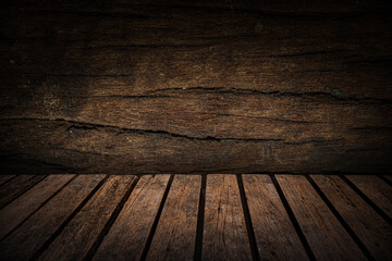 Old brown wooden table grunge vintage board in  background. for home decoration and gardening work