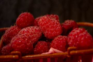 Raspberry berries lie in a plastic brown basket. filmed in a dark way.