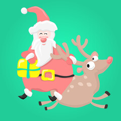 Cartoon fun Santa Claus with Christmas gift riding a deer. Holiday greeting card.