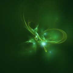 Neon glowing green twisted cosmic lines flying in the space. Turbulence curls flow colorful motion. Fluid and smooth astronomy vortex swirl structure. Abstract creative modern background