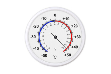 Celsius and fahrenheit scales thermometer for measuring weather temperature.  Thermometer isolated on white background. Ambient temperature plus 45 degrees celsius