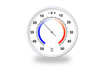 Outdoor thermometer on white background. Ambient temperature minus 14 degrees 