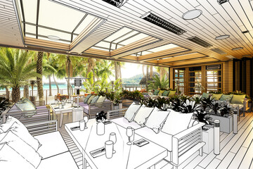 Terrace Restaurant Area Inside a Subropical Resort (planning) - 3d architectural visualization