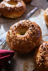 Fresh homemade everything bagels on tray