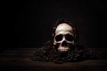 Still life of human skull that died for a long times ,concept of horror or thriller movies of scary...