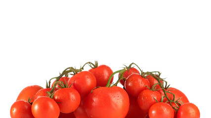 fresh ripe tomatoes and cherry tomatoes on white background close up