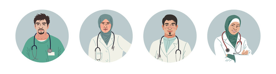 Medical Characters Portraits. Middle Eastern Medics. Arab doctors and nurses portraits, team of doctors concept. Muslim modern flat vector concept digital people vector illustration