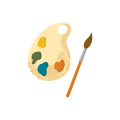 Wooden artist's palette with paints and brush. Vector illustration of cartoon wooden thing with colourful round spots of paints. Flat design with texture.