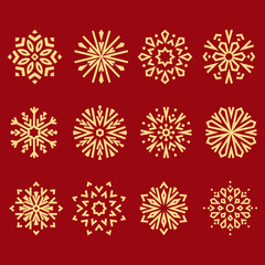 Snowflakes icon collection. Graphic modern gold and red ornament