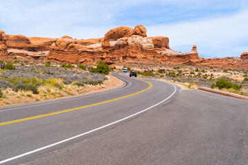 Sandstonr rocks right on the roadside, Arches National Park, Utah