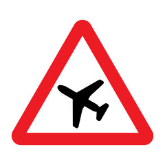 Obraz premium Low flying aircraft, sudden aircraft noise traffic sign. Red triangle warning road sign with plane icon inside. Vector illustration of caution symbol isolated on white background.