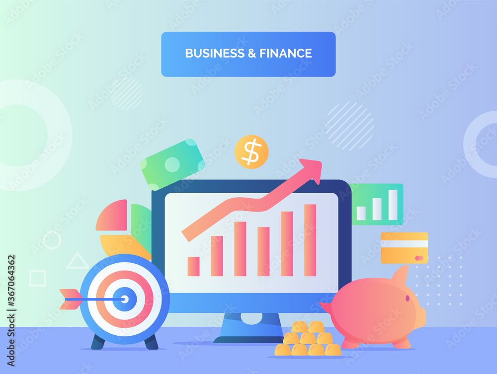 Wall mural business and finance concept increase chart on computer screen background of target piggy bank money