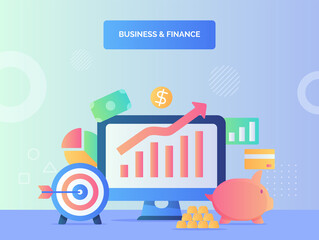 Business and finance concept increase chart on computer screen background of target piggy bank money with flat style.