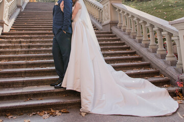 Obraz na płótnie Canvas groom with bride on the big stairs in the park