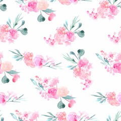 Fototapeta na wymiar Pattern pink flowers roses peonies fuchsia for fabric and textiles eucalyptus leaves